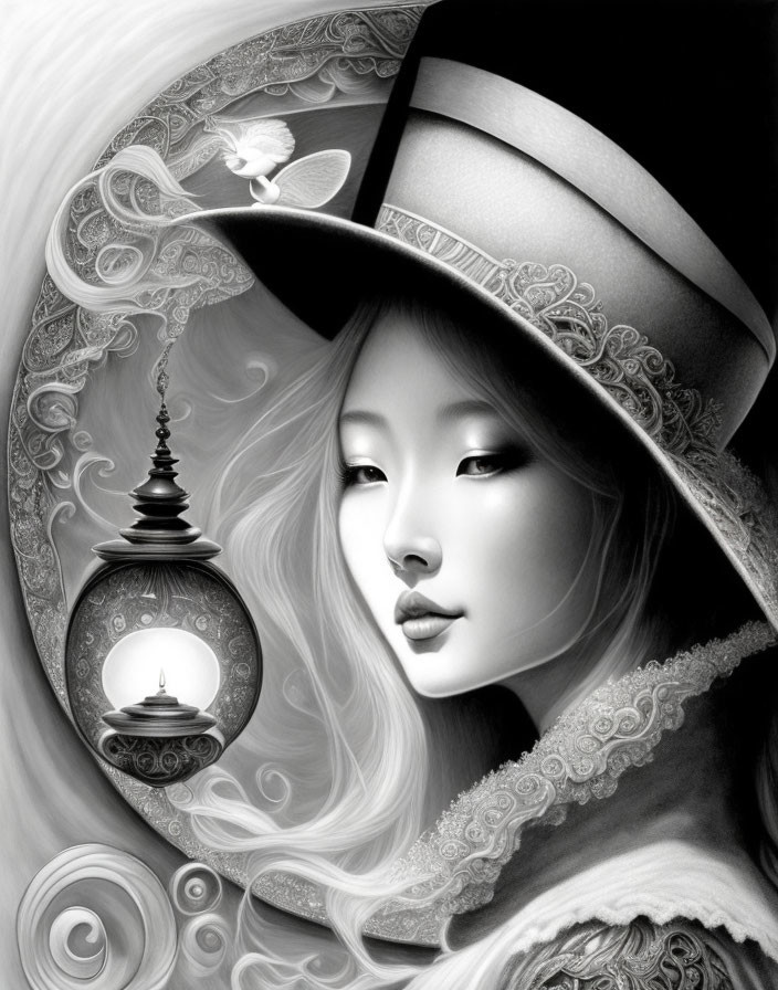 Monochrome illustration of woman with large-brimmed hat and lantern, featuring intricate patterns and a fairy