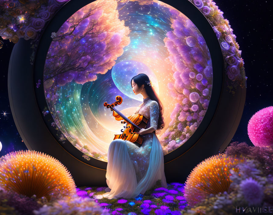 Traditional Attire Woman Playing Stringed Instrument in Cosmic Setting