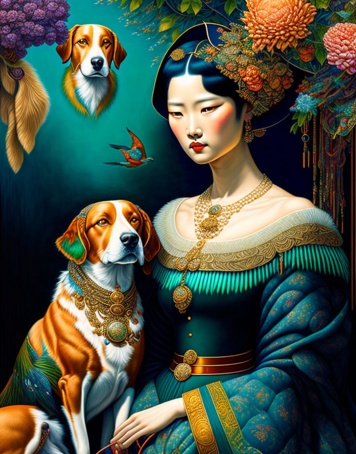Stylized portrait of woman in ornate blue dress with beagles against floral backdrop