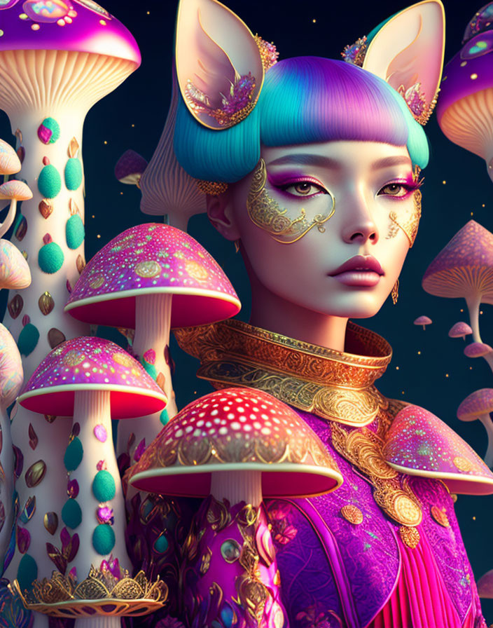 Colorful Hair and Cat Ears: Female Figure Amid Vibrant Mushrooms