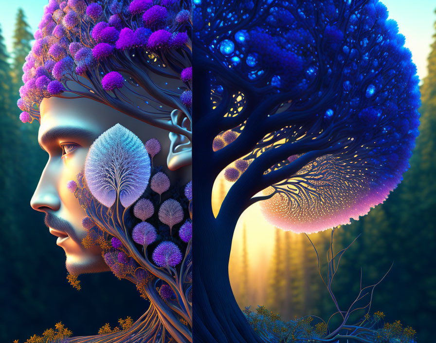 Split illustration: Man's face merges into tree with purple foliage beside mirrored tree with blue hues
