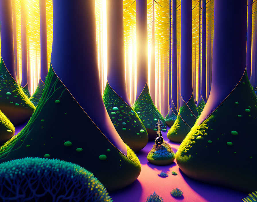 Whimsical forest digital artwork with oversized mushrooms and luminescent trees