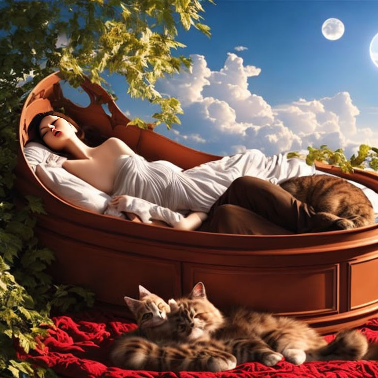 Woman lying in terracotta pot surrounded by greenery and sleeping cats under moonlit sky.
