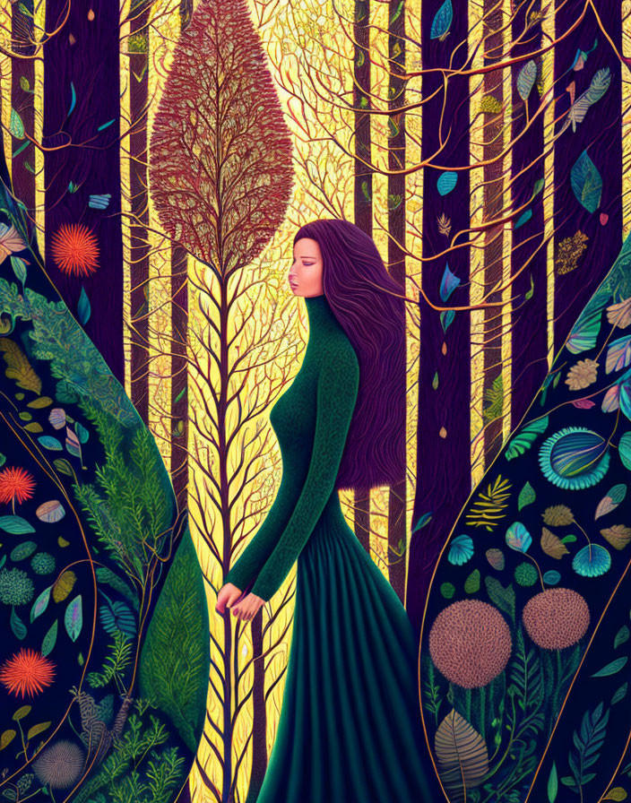Illustration of woman in green dress in vibrant forest landscape