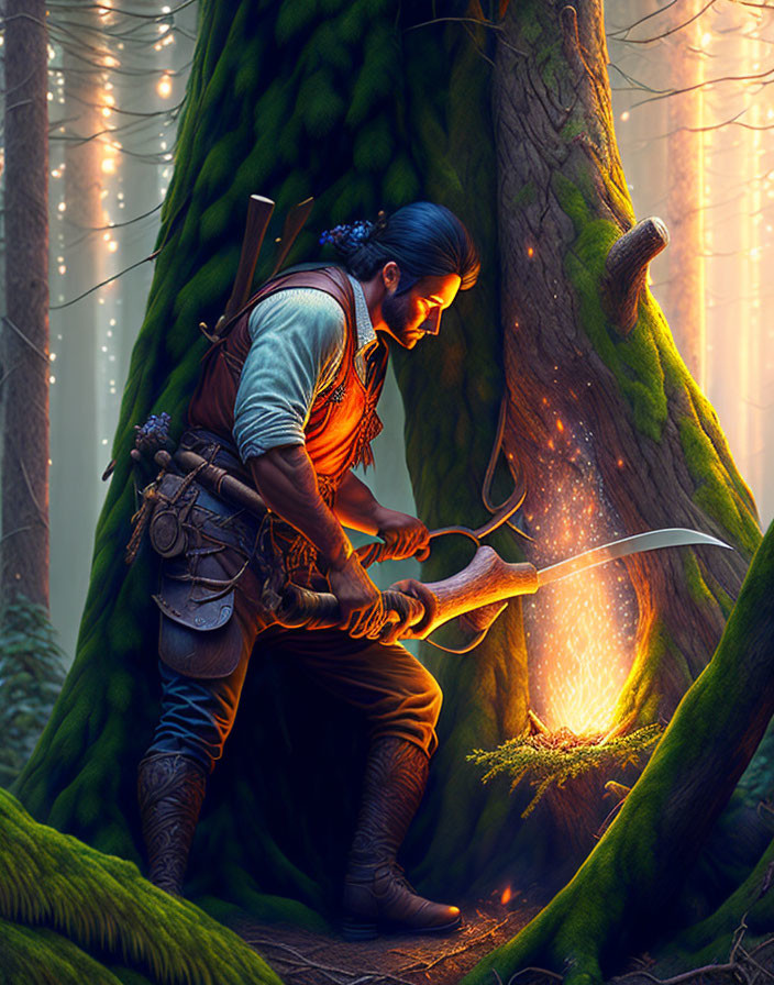 handsome woodcutter swings an axe cutting wood, sw