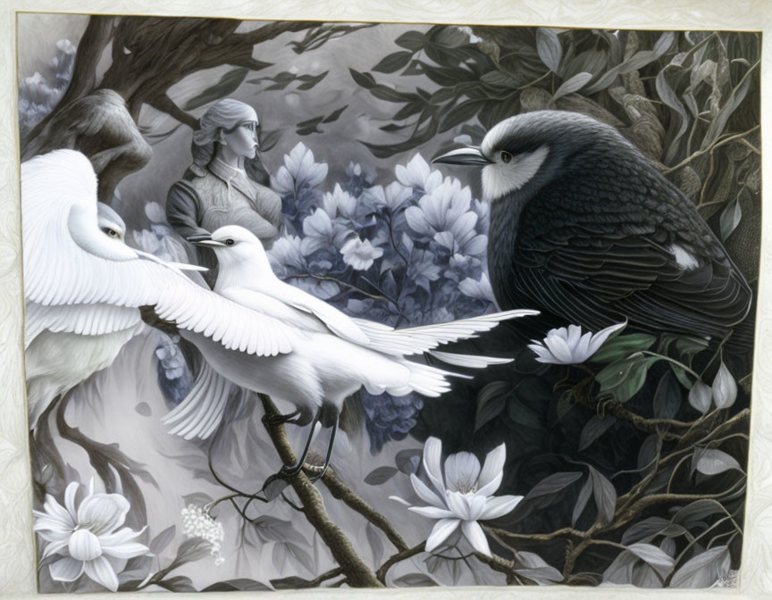 Monochrome illustration of birds on a branch with human figure in floral background