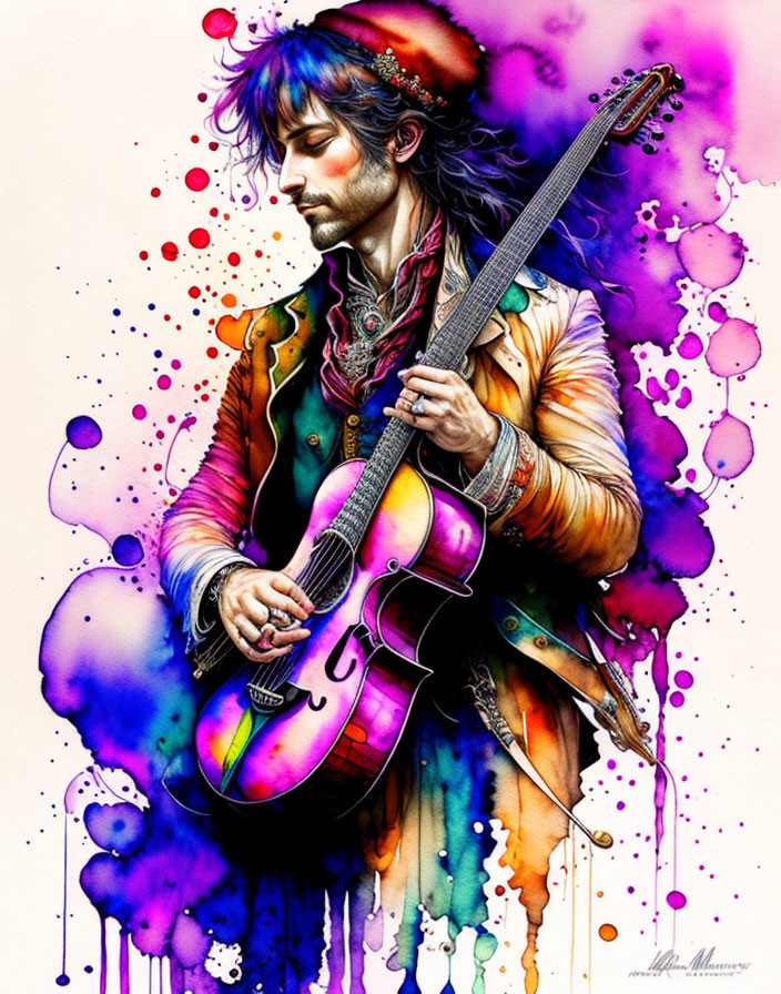 Colorful Ink Splashes Surround Man Playing Purple Guitar