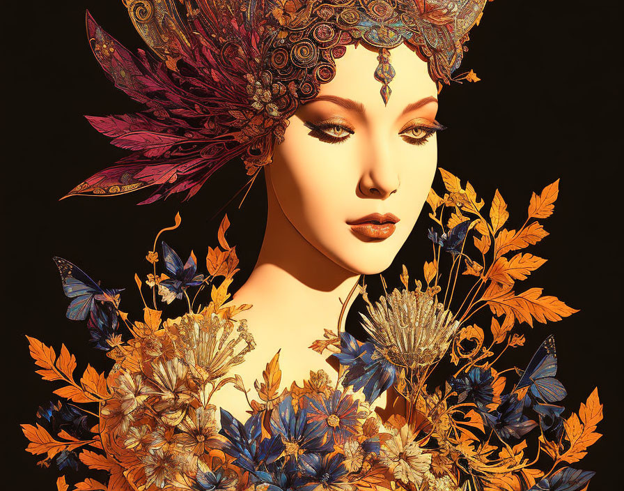 Detailed 3D illustration of woman with ornate headdress and golden leaf garment