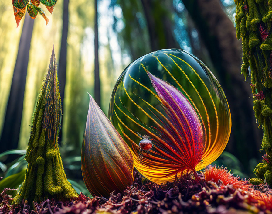Colorful glass orb with swirl patterns in lush forest setting
