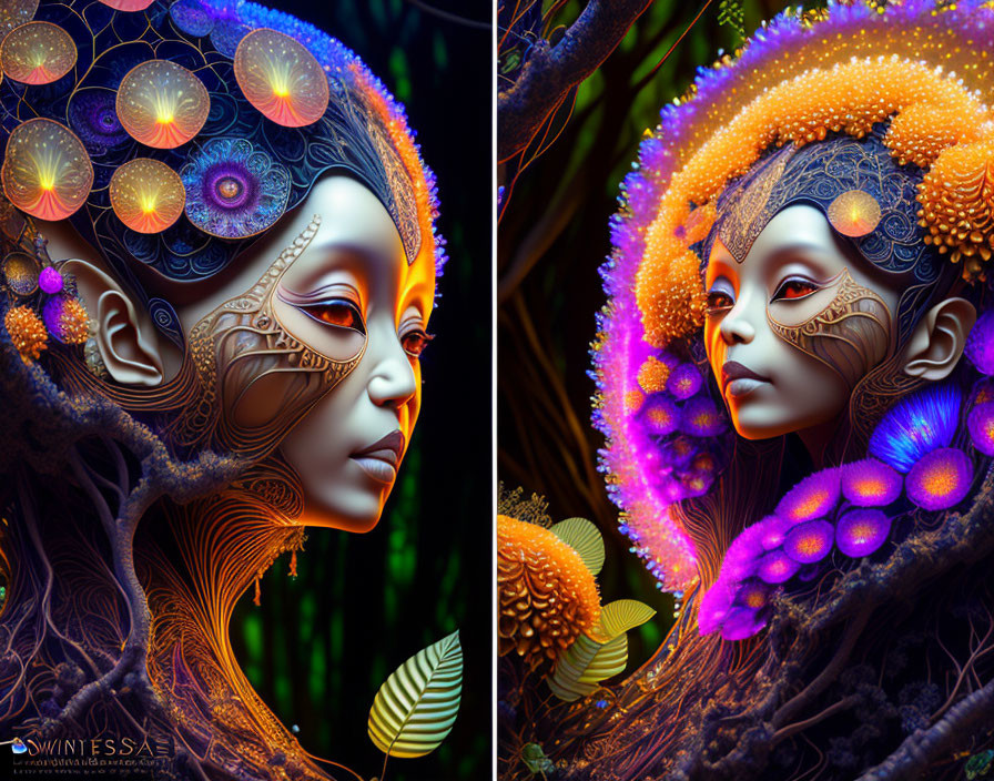 Colorful digital artwork: Two ethereal beings with ornate headdresses among fantastical flora