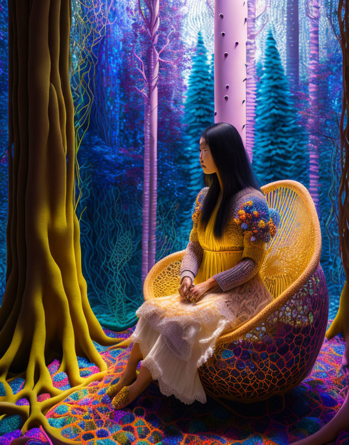 Woman sitting in yellow peacock chair among colorful trees and vibrant floor