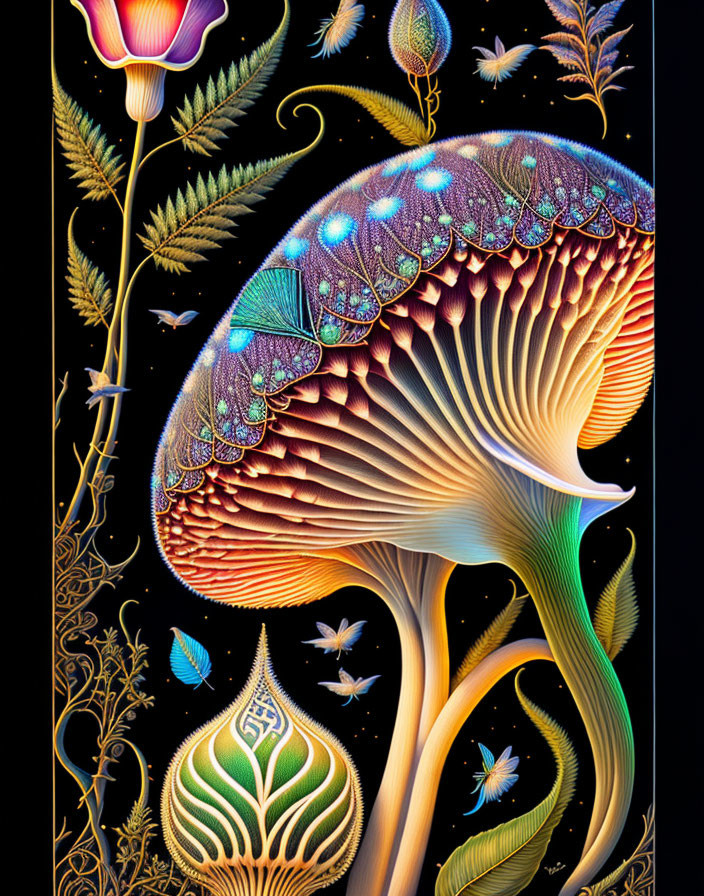 Fantastical mushroom with glowing elements in vibrant digital art