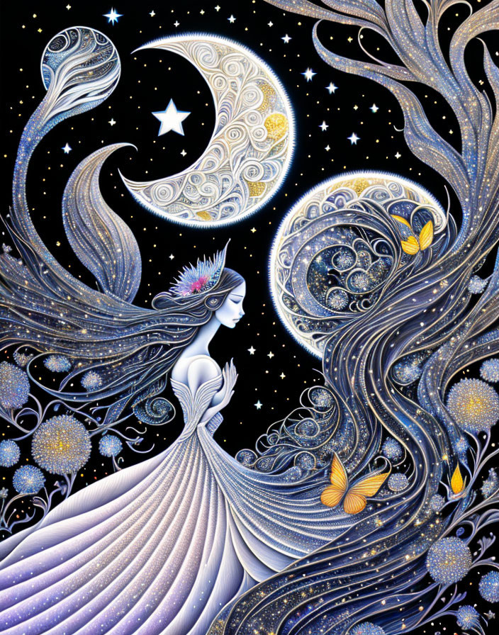 Stylized illustration of serene woman with cosmic elements and butterflies on dark background