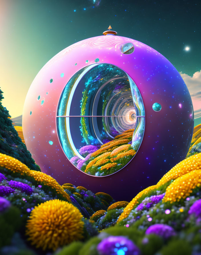 Futuristic orb structure in alien landscape with cosmic swirl