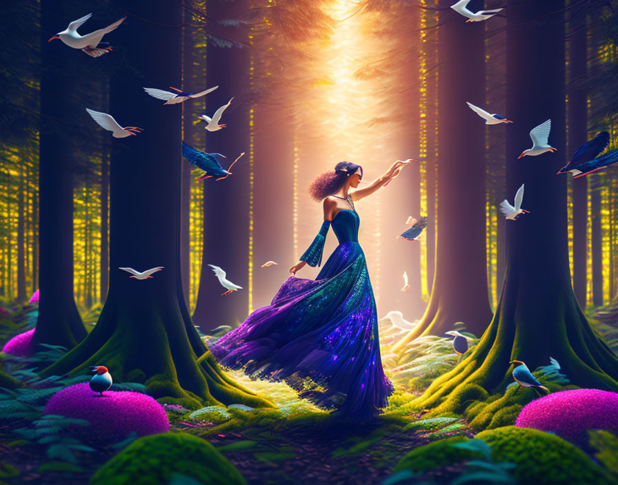 Woman in purple gown in enchanted forest with birds and sunlight