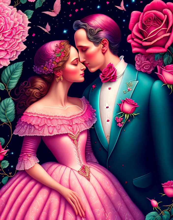 Romantic couple in vintage attire surrounded by vivid roses