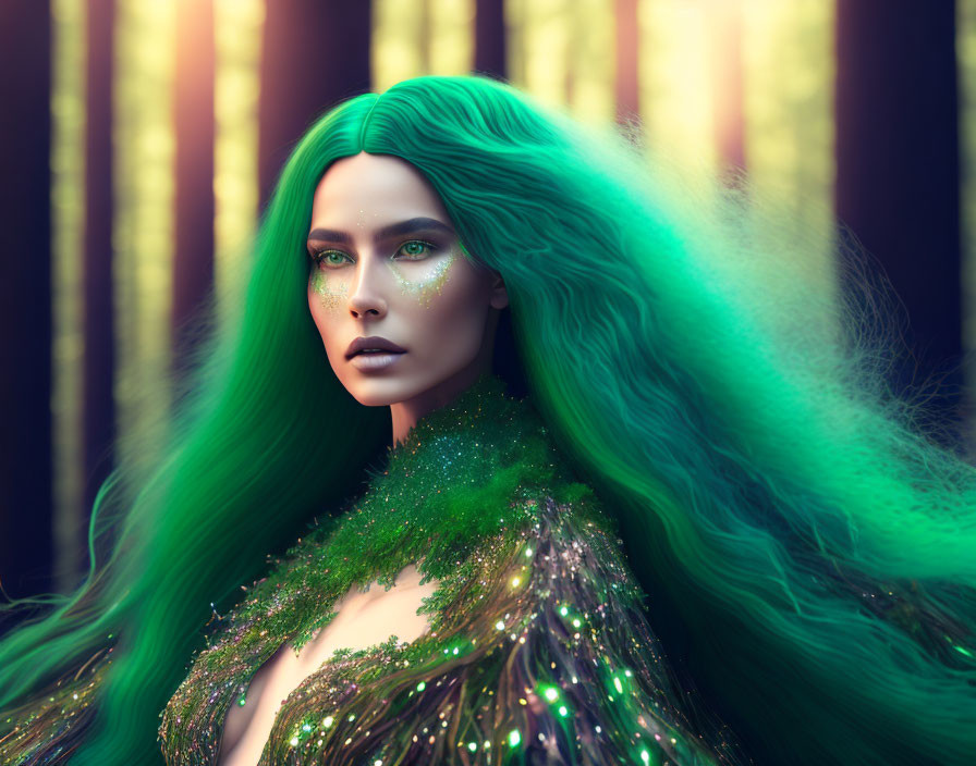 Vibrant green hair woman in mystical setting