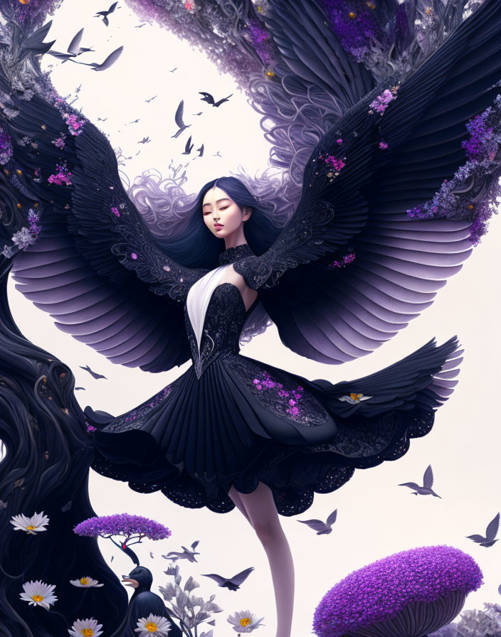 Winged fantasy character in purple and black tones among flowers and birds
