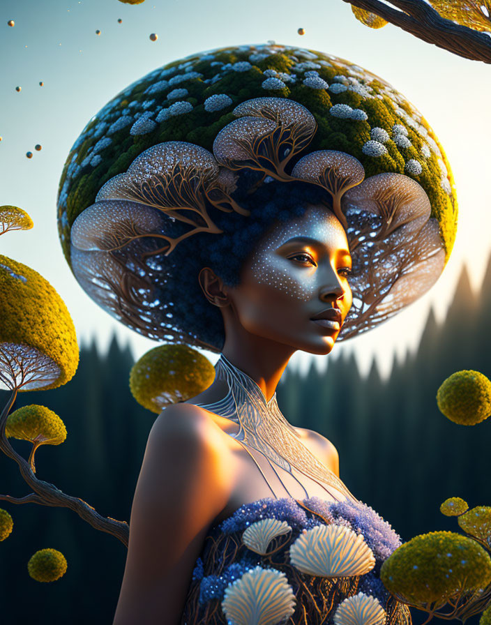 Surreal portrait of woman with tree hair in forest setting