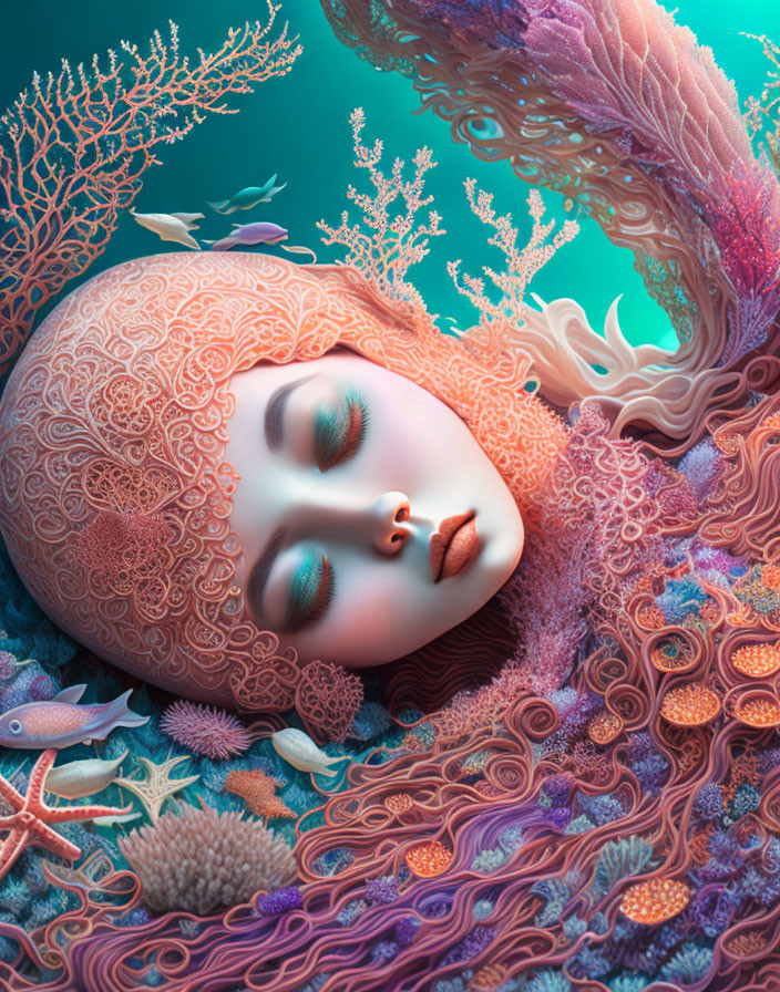 Surreal portrait of serene female figure with coral-like hair in vibrant underwater colors