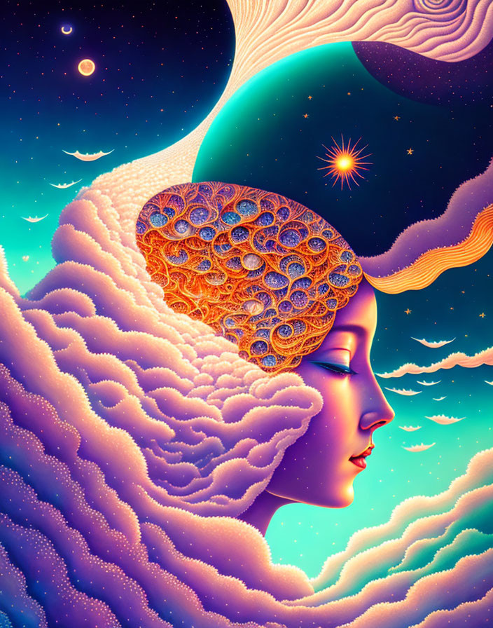 Surreal woman's profile with cosmic hair and sky