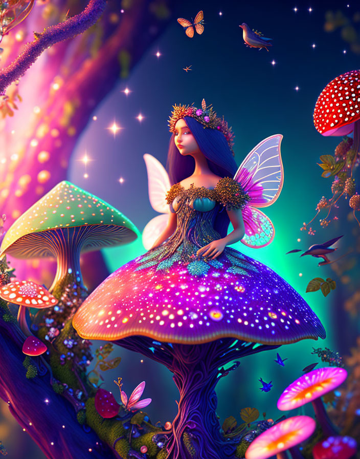 Illustration of fairy with wings on glowing mushroom in magical forest