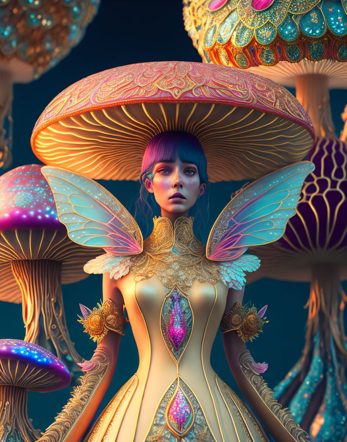 Fantasy digital art: Female figure with butterfly wings in golden outfit among colorful mushrooms