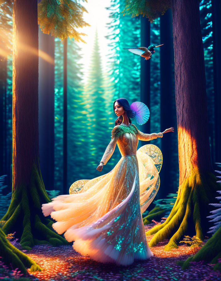 Winged fairy in flowing dress in magical forest with bird and tall trees