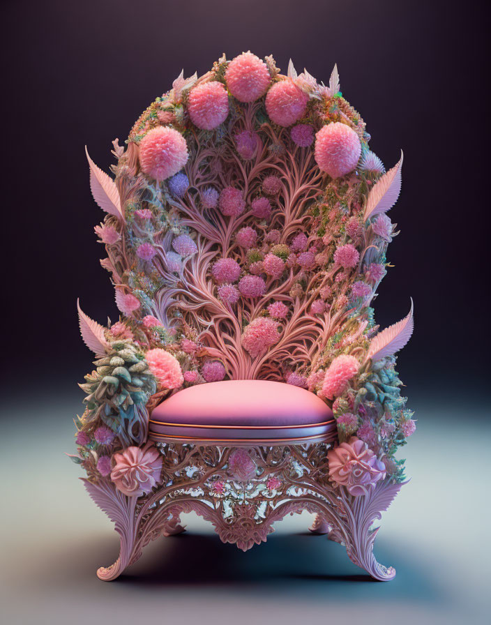 Luxurious Pink Floral Armchair with Intricate Carvings on Dark Gradient Background