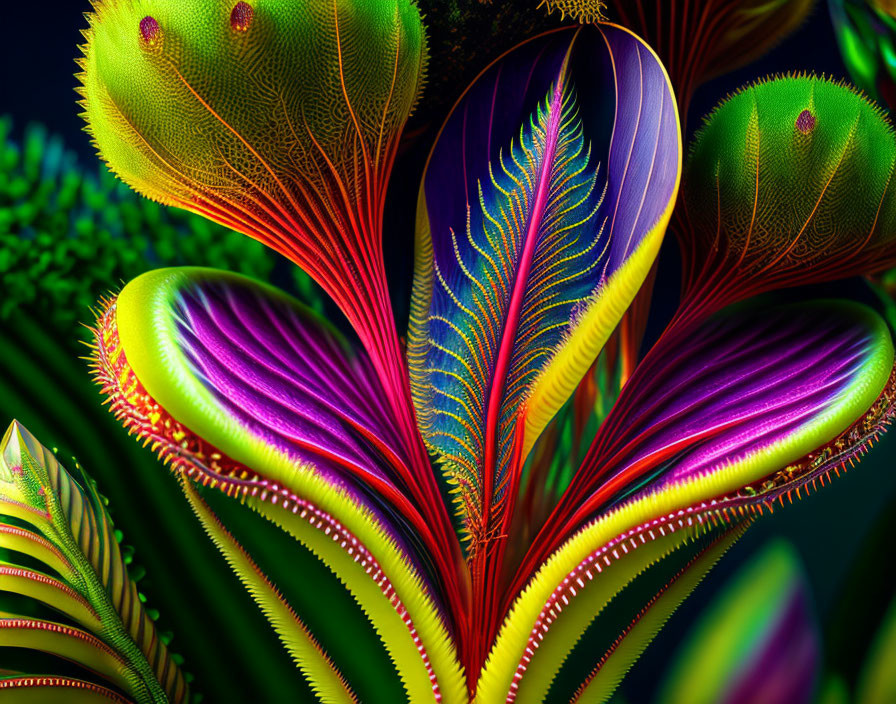 Colorful Abstract Digital Art: Neon Feather-like Shapes on Dark Background