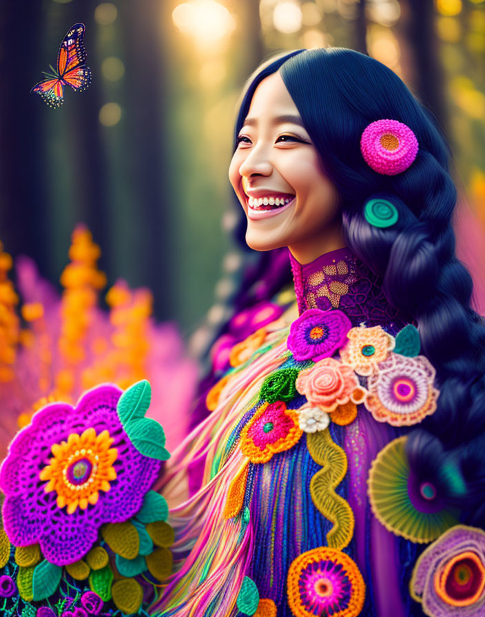 Colorful flowers and butterfly in whimsical forest setting with cheerful woman