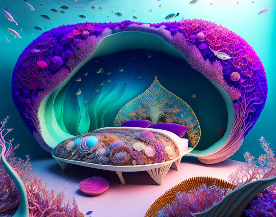 Colorful surreal underwater coral scene with submarine-like structures and mystical lighting