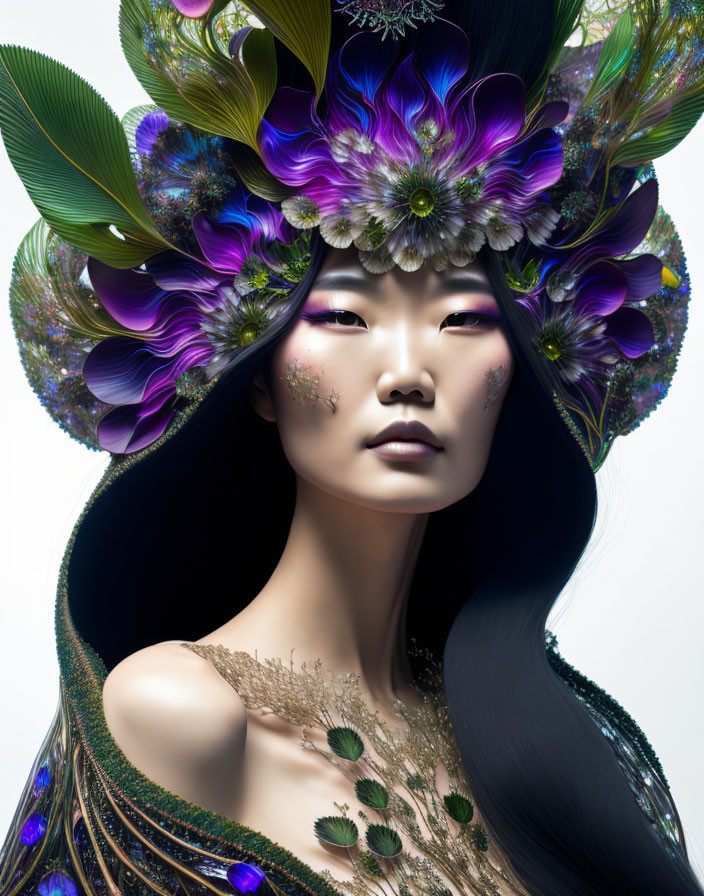Person with Elaborate Peacock Feather Headdress and Floral Makeup