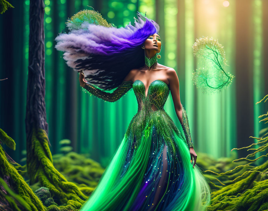 Woman in Green Fantasy Gown Stands in Enchanted Forest