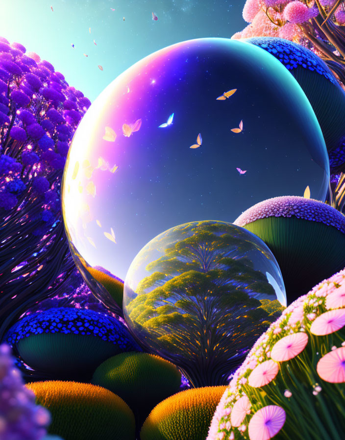 Vibrant flora and floating globes in surreal landscape