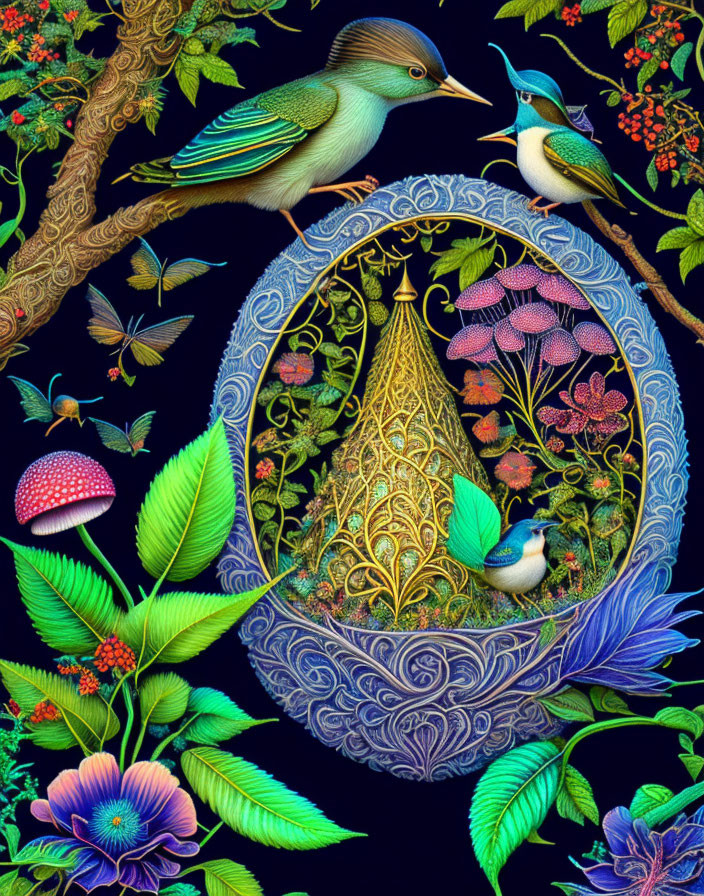 Intricate egg art with colorful birds and flora on dark background