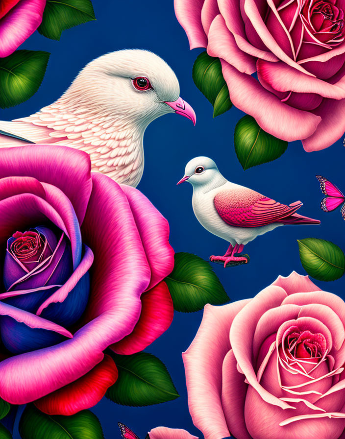 Realistic white dove on pink rose with butterflies in vivid illustration