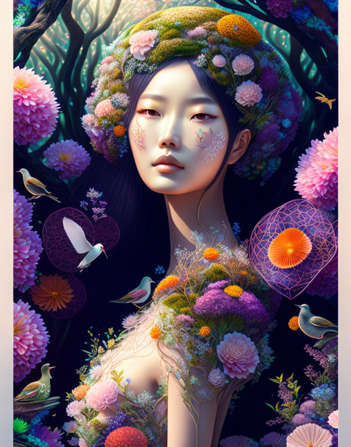 Ethereal woman with floral motifs in mystical forest