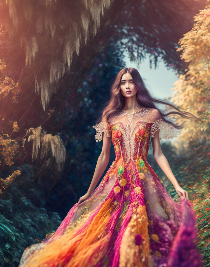 Woman in flowing gown in dreamy autumn forest landscape
