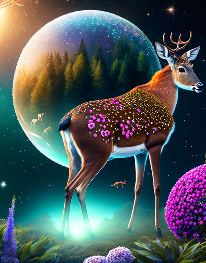 woman-deer hybrid on stargazing platform with rota