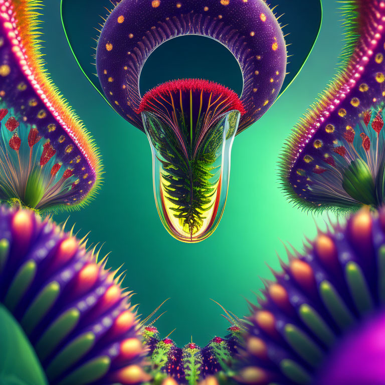 Vibrant surreal digital art: droplet-encased plant with tentacled flower structures