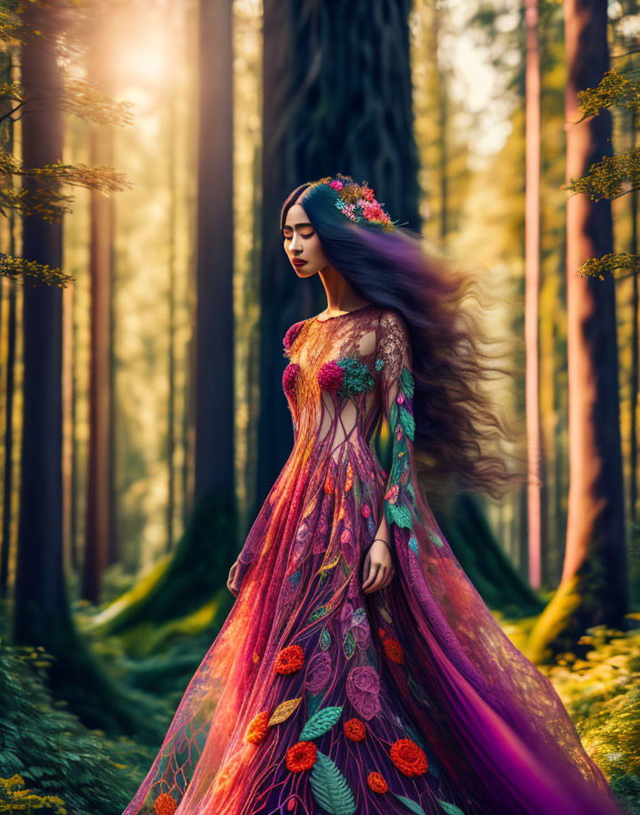 Woman in vibrant floral gown standing in sunlit forest
