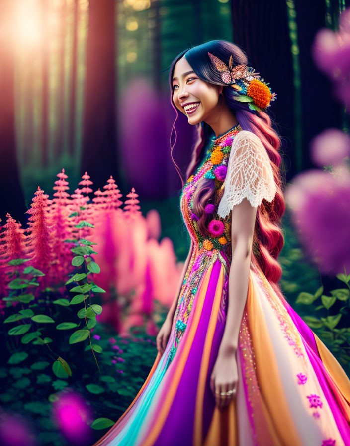 Joyful woman in vibrant dress and floral headpiece among pink flowers
