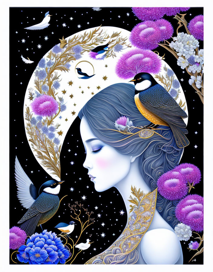 Illustration of woman with closed eyes, crescent moon, birds, and flowers on starry backdrop