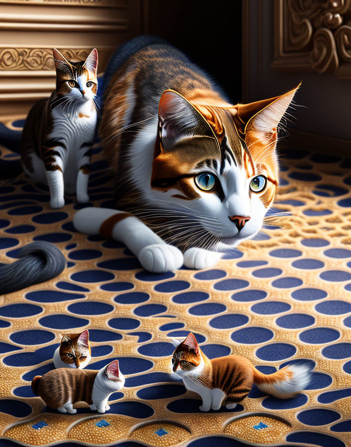 Adult Cat and Four Kittens in Stylized Room with Large Eyes