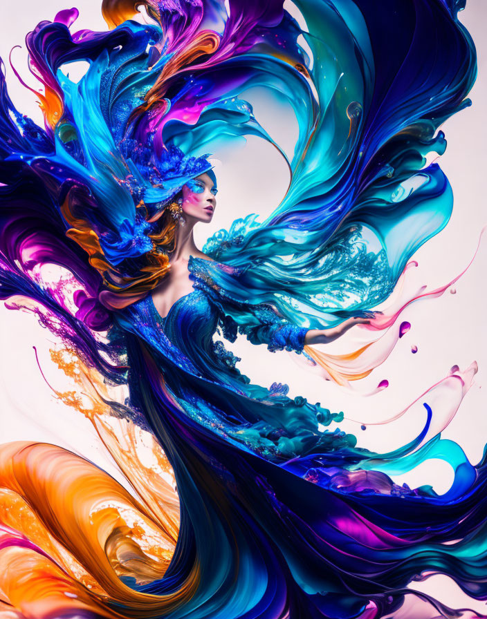 Colorful Abstract Art: Woman with Blue and Purple Hair in Swirling Design