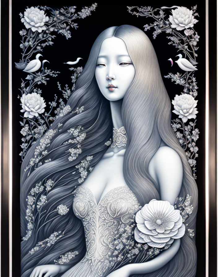 Detailed illustration of woman with long hair, pale skin, white flowers, birds, and intricate patterns