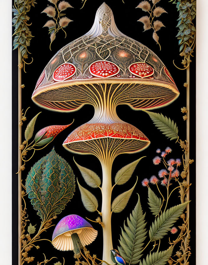 Detailed oversized mushroom surrounded by intricate plants and fungi on black background