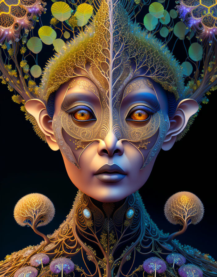 Fantastical portrait of an elf-like creature with ornate gold patterns and intricate tree branch headdress