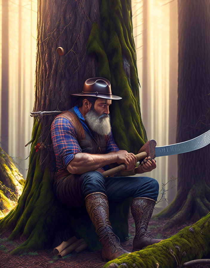 handsome lumberjack woodcutter swings an axe cutti